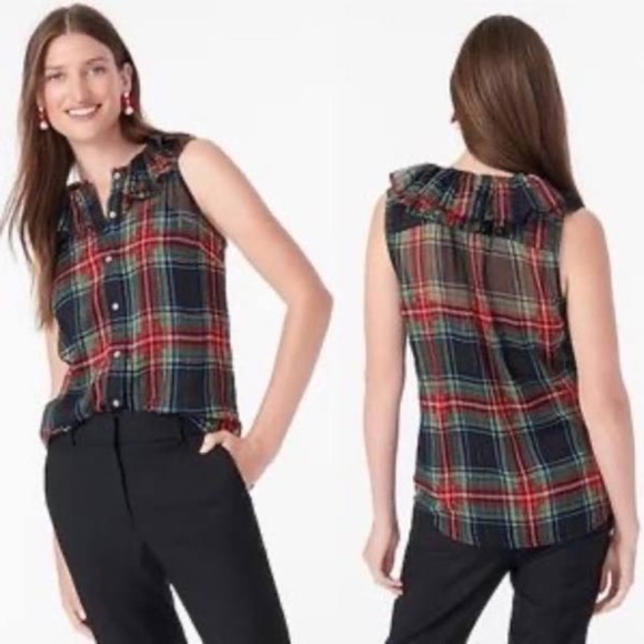 J. CREW Red Black Metallic Stewart Tartan Plaid Sleeveless Holiday Blouse Small - Picture 5 of 6
